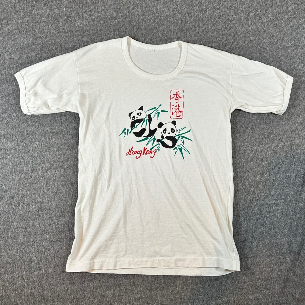 Hong Kong Panda Graphic Shirt Souvenir Tee Womens XL Asian Letters White Cute‎